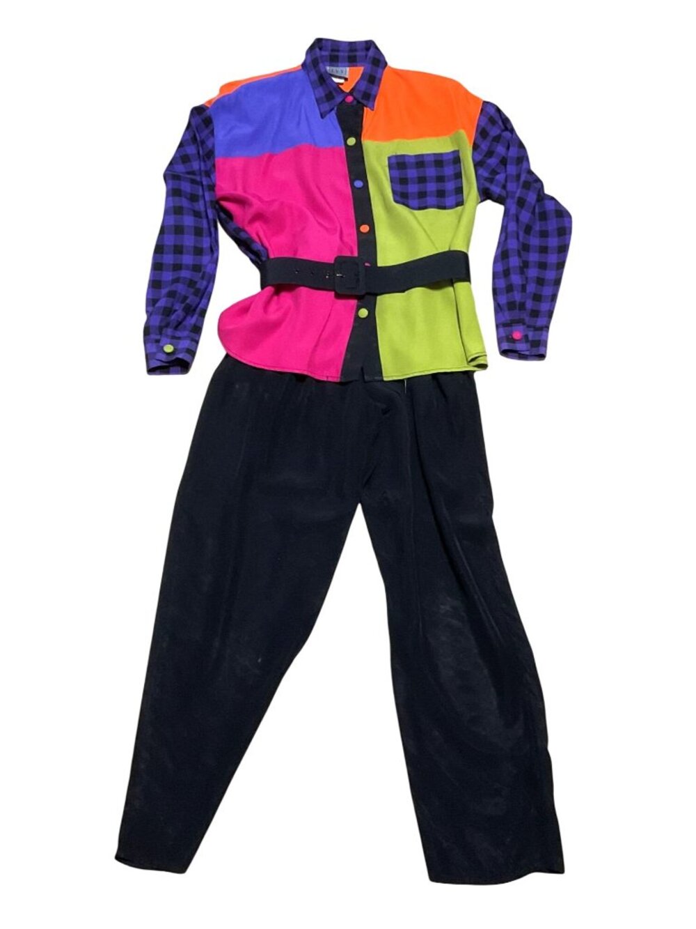 Vtg IVY Colorblock Pantsuit Button-Up Shirt Black Trousers Set Sz M Rayon Acetat